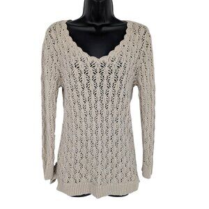 LOFT Open Knit Tunic Sweater Crochet V Neck Boho Coastal Y2K Minimalist Size M